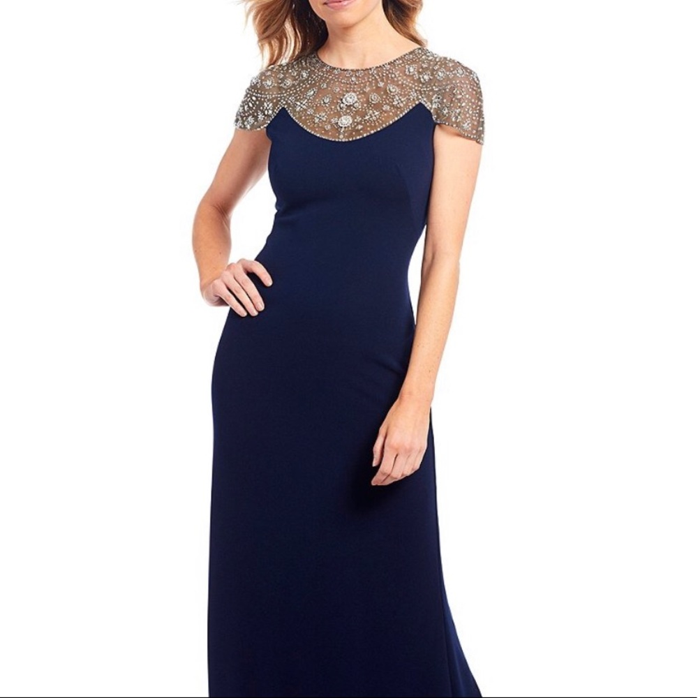 Illusion Jewel Beaded Neck Crepe Gown